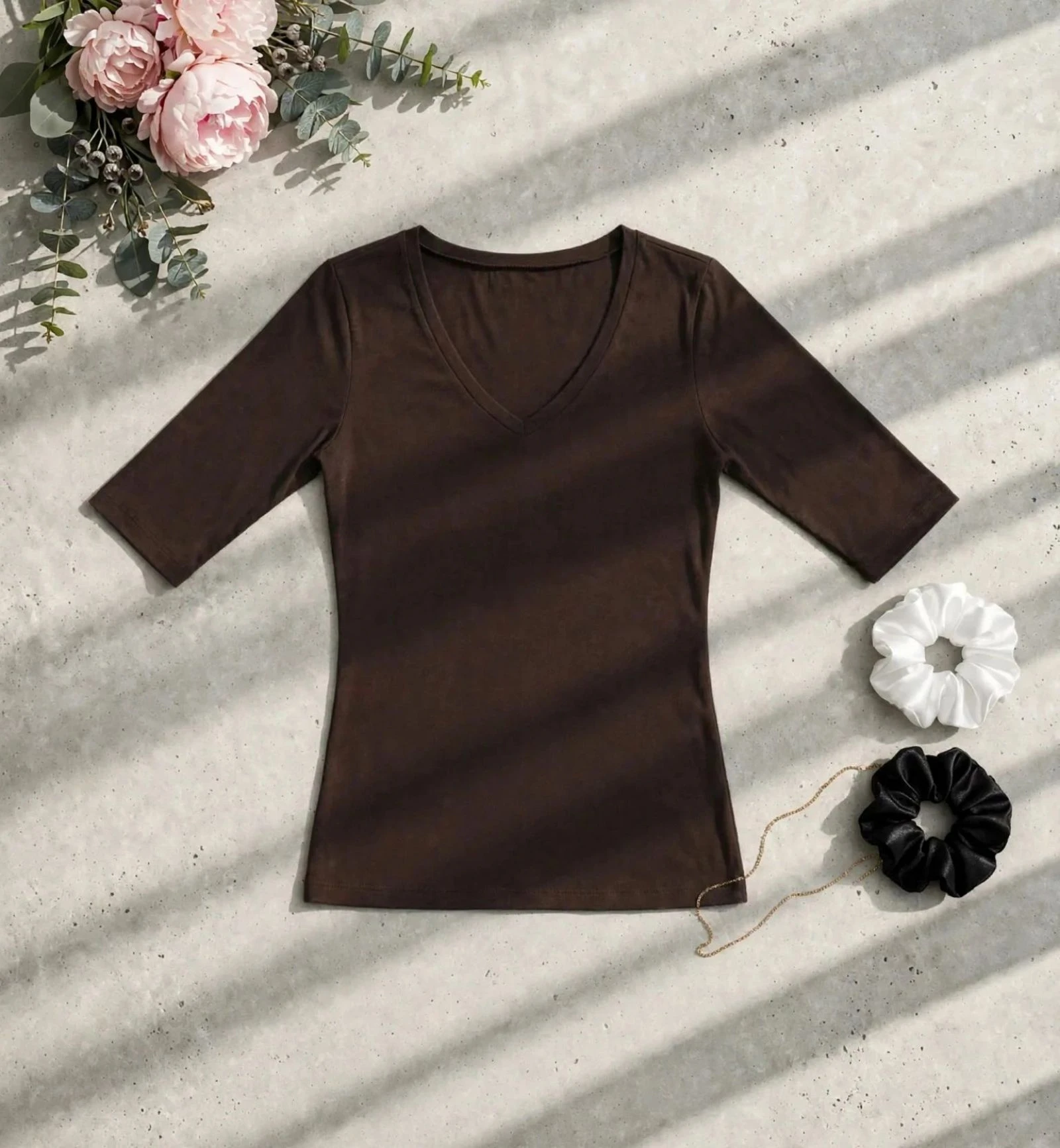 Top femme marron col V manches 3/4
